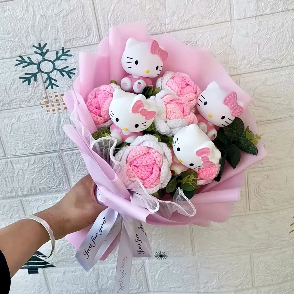 MINISO Hello Kitty Cartoon Plush Bouquet  Anime Rose Flowers Doll Home Wedding Decoration Christmas Valentine's Day Gift