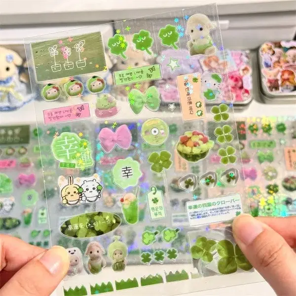 Steve Random 4pcs Set Green four-leaf Clover Transparent Star Glitter Film Cut Stickers Lovely Jouranl Deco Stickers New
