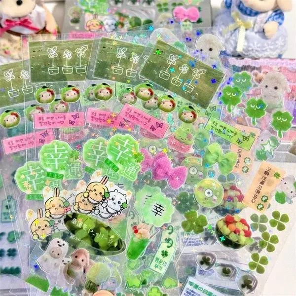 Steve Random 4pcs Set Green four-leaf Clover Transparent Star Glitter Film Cut Stickers Lovely Jouranl Deco Stickers New