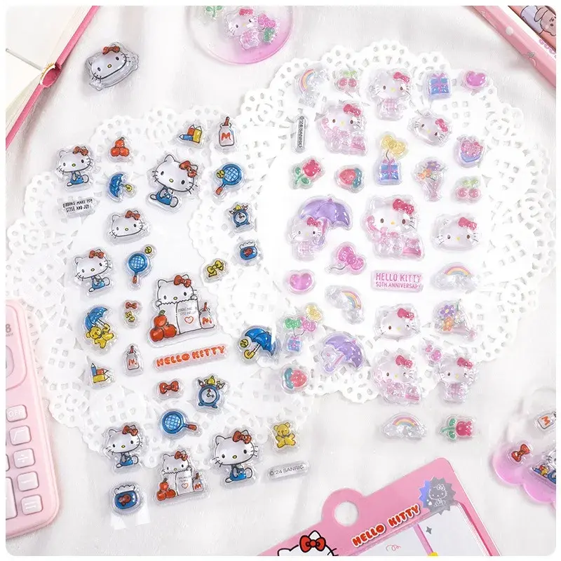 Hello Kitty  Sanrio 3D Embossed Crystal Stickers Children Girl Cartoon  Toys DIY Decoration Reward Stickers Holiday Gifts