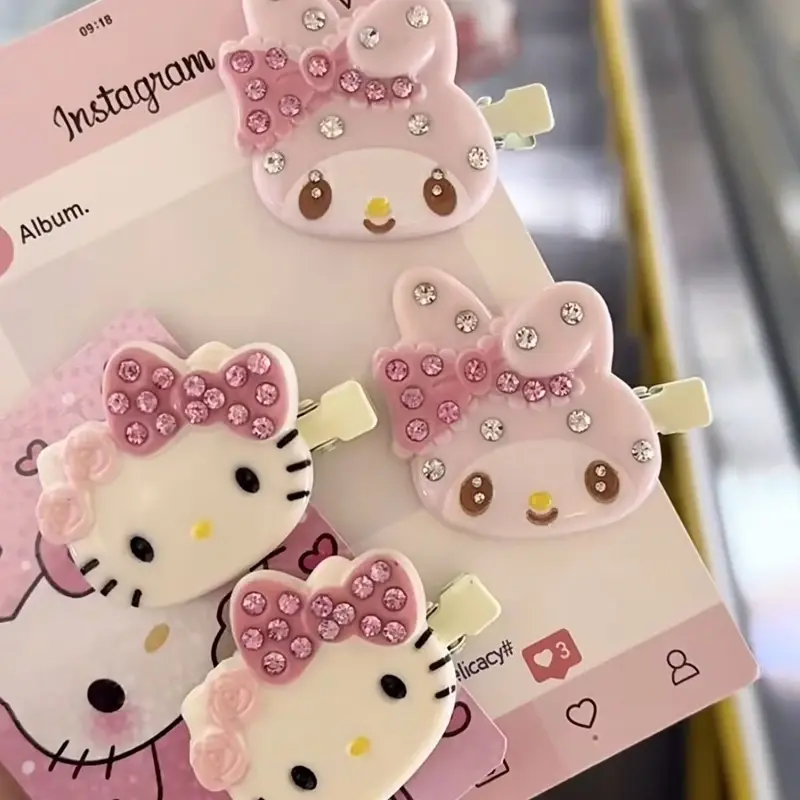 1 Pair Sanrio Hello Kitty Hair Clips Shiny Pink Crystal My Melody Women Hairs Accessories Sweet Girls Headdress Bangs Clip Gift