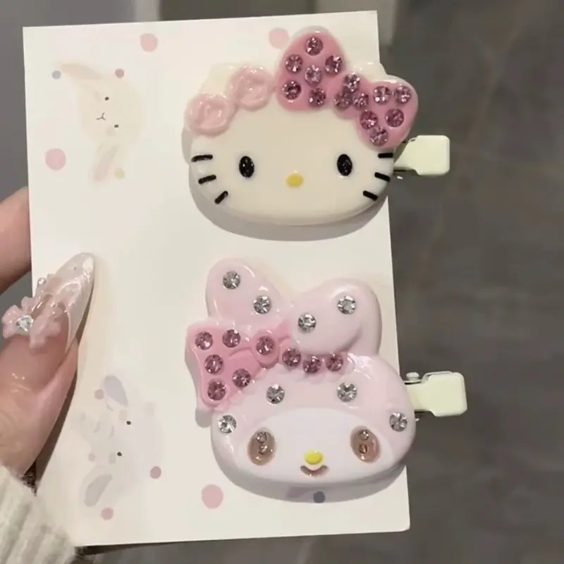 1 Pair Sanrio Hello Kitty Hair Clips Shiny Pink Crystal My Melody Women Hairs Accessories Sweet Girls Headdress Bangs Clip Gift