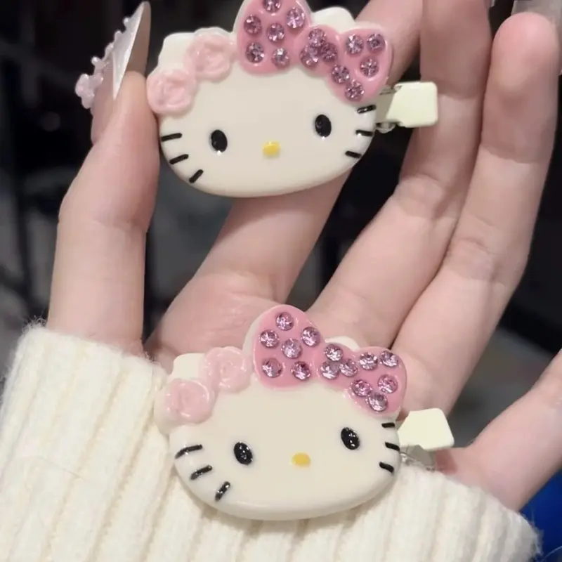 1 Pair Sanrio Hello Kitty Hair Clips Shiny Pink Crystal My Melody Women Hairs Accessories Sweet Girls Headdress Bangs Clip Gift