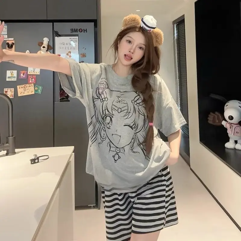 Sailor Moon Y2k Oversized T-shirt  Japanese Pajamas Summer Cotton Short Sleeve Crew Neck Cute Cartoon Striped Casual Loungewear
