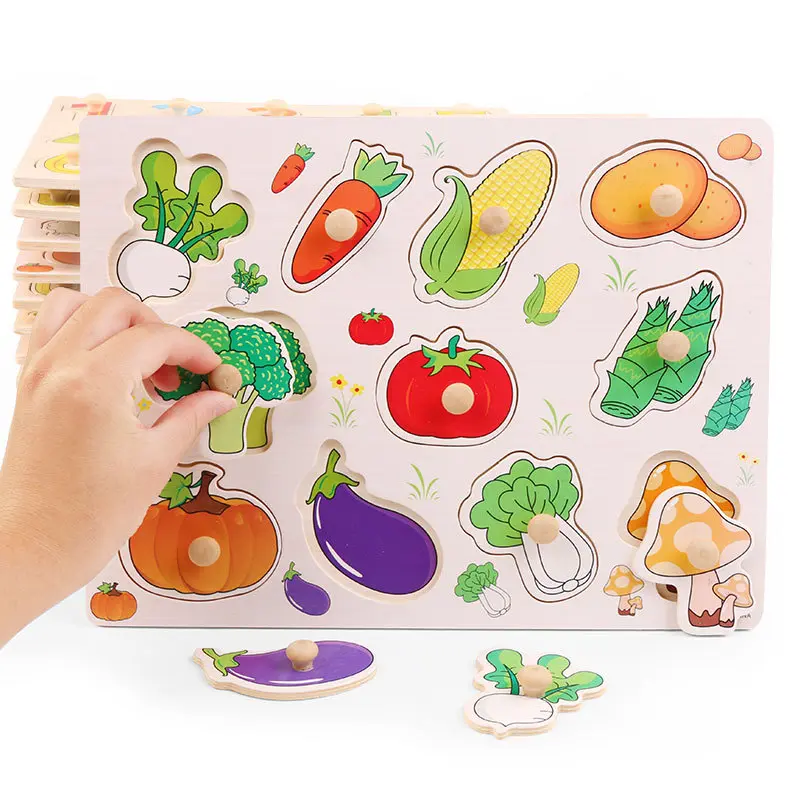 Children Wooden Nail Grab Board Puzzle Cognition Fruits Vegetables Transportation Colour Montessori Early Education Toy TMZ