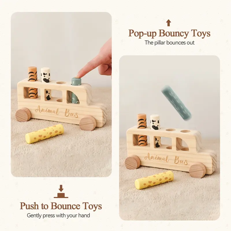 Montessori Toys Wooden Bus Press Bounce Toy Baby Finger Fine Sports Game Animal Skin Cognition Educational Toys No Bpa Kid Gift