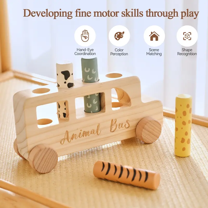 Montessori Toys Wooden Bus Press Bounce Toy Baby Finger Fine Sports Game Animal Skin Cognition Educational Toys No Bpa Kid Gift