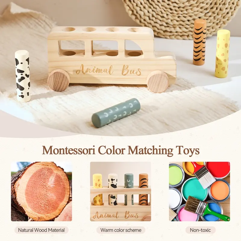Montessori Toys Wooden Bus Press Bounce Toy Baby Finger Fine Sports Game Animal Skin Cognition Educational Toys No Bpa Kid Gift