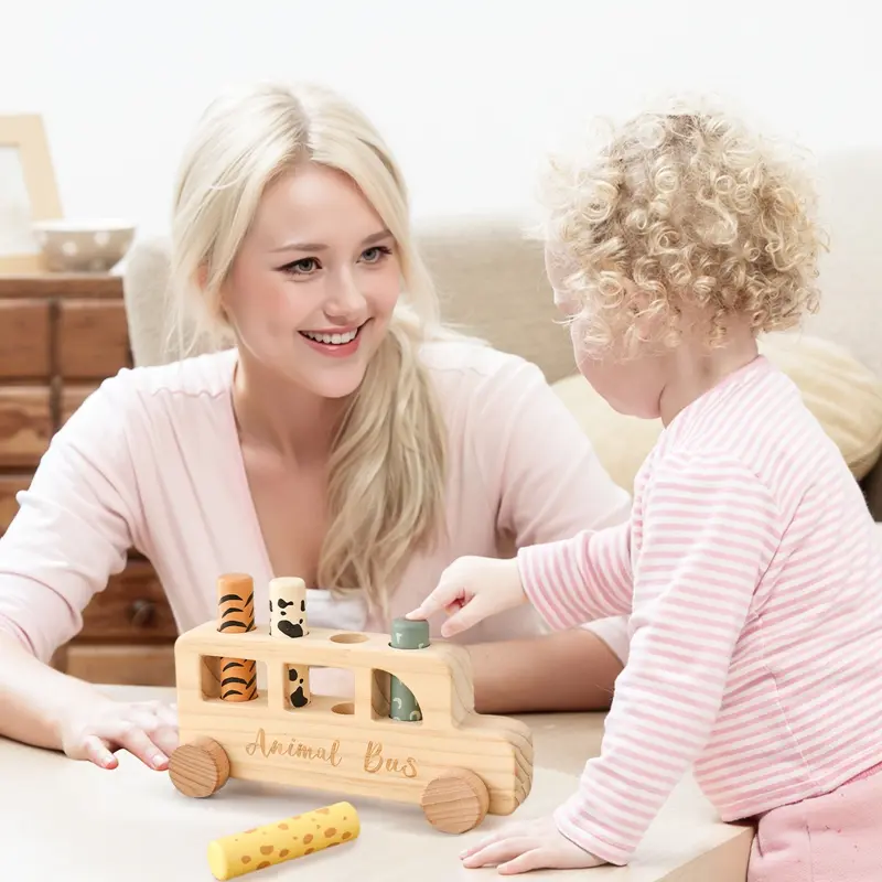 Montessori Toys Wooden Bus Press Bounce Toy Baby Finger Fine Sports Game Animal Skin Cognition Educational Toys No Bpa Kid Gift