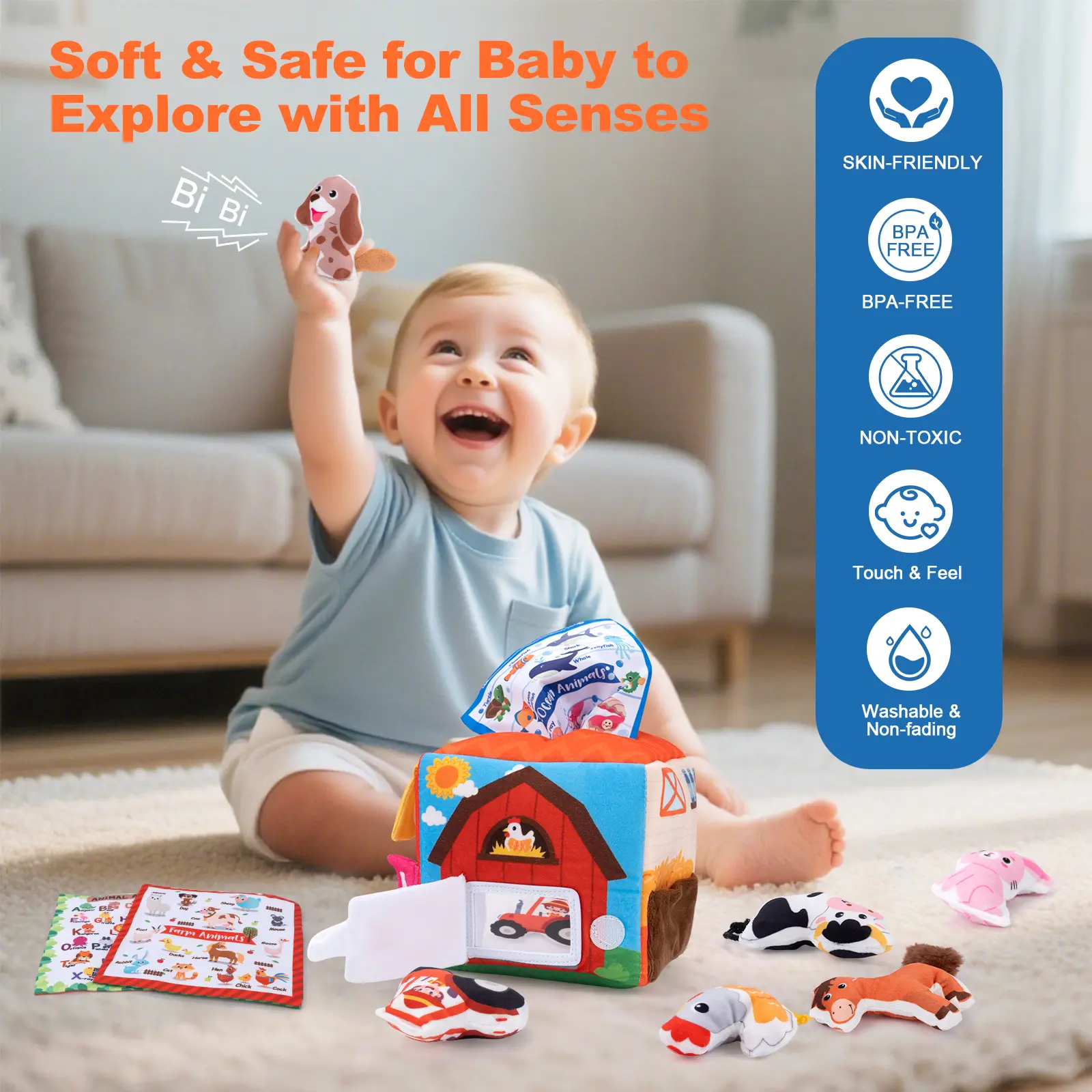 Baby Soft Plush Animal Tissues Box with Sound Simulated Farm Animals House Set Montessori Toys Toddler Sensory Cognition Toys