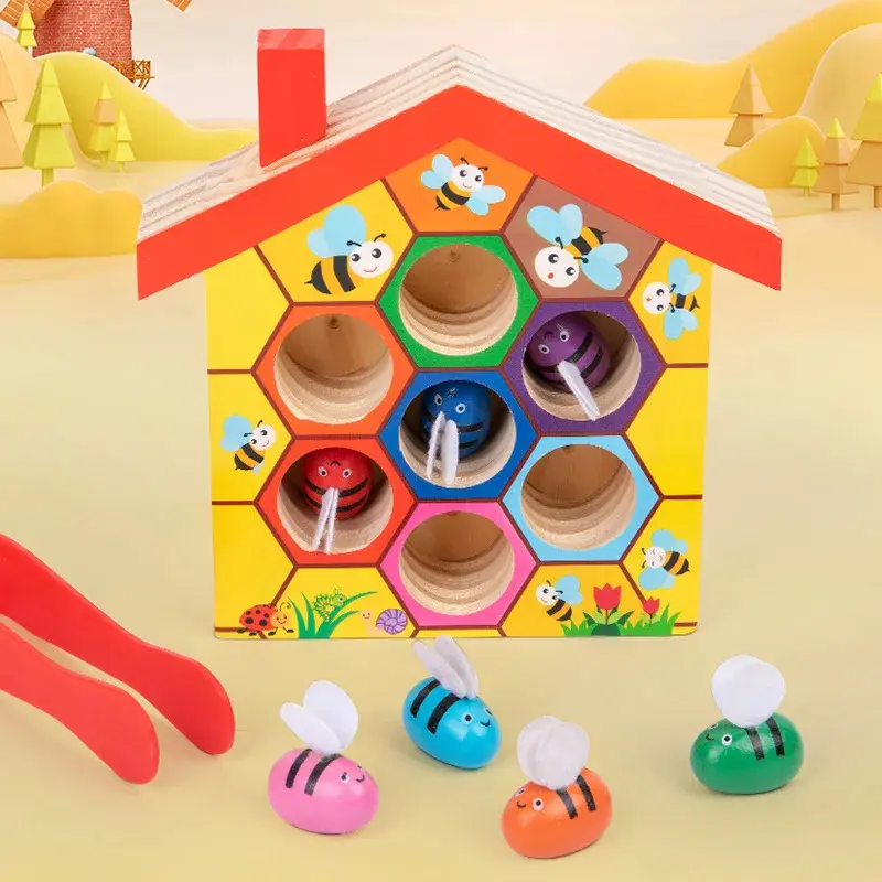 Wooden Bee House Clamp Bee to Hive Matching Game Color Sorting Puzzle Fine Motor Skill Toys Early Educational Gift