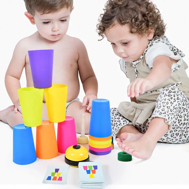 Montessori Stack Cup Speed Game Toys with Card Color Cognition Logic Parent-child Interactive Toys for Kids Early Education Toy