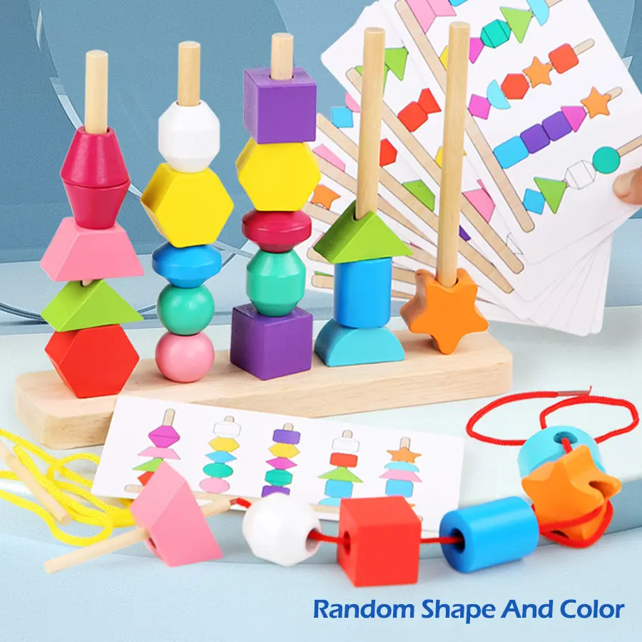 Montessori Wooden Beads Sequencing Toy Stacking Blocks & Lacing Beads & Matching Shape Stacker Montessori Learning Toys Gifts