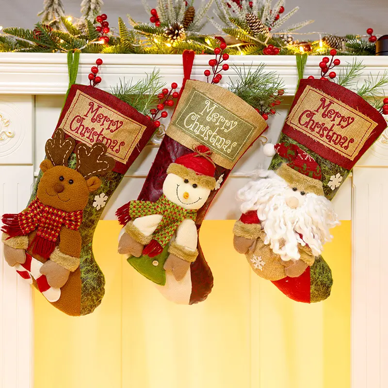 2025 Christmas Stocking Xmas Decoration Santa Snowman Reindeer Hanging Sock for Kid Gifts Tree Ornament Christmas Decor for Home