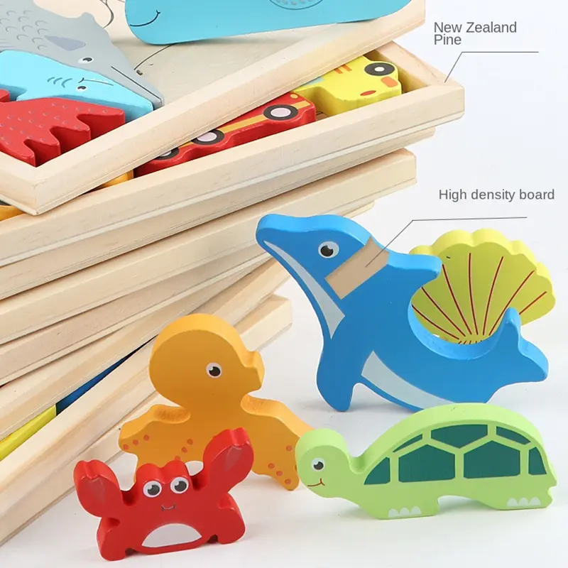 Cartoon Animal 3D Puzzles Fruit and Vegetable Vehicle Learning Montessori Jigsaw Game Kids Wooden Educational Toys for Children
