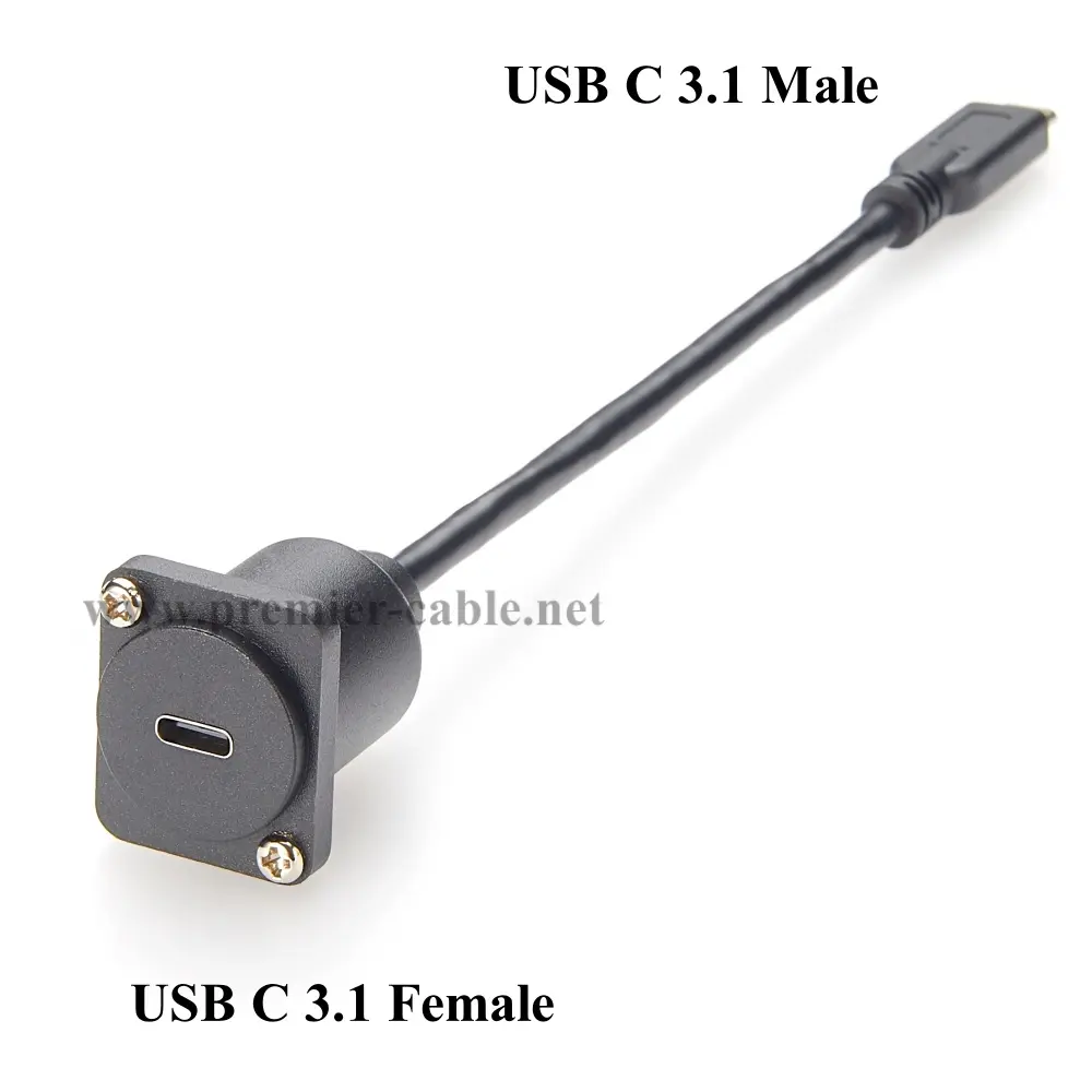 10Gbps D-Type/XLR USB C 3.1 Panel Mount Extension Cable, D-Series USB3.1 Type-C Male to Female Flange Chassis Flush Mount Cable