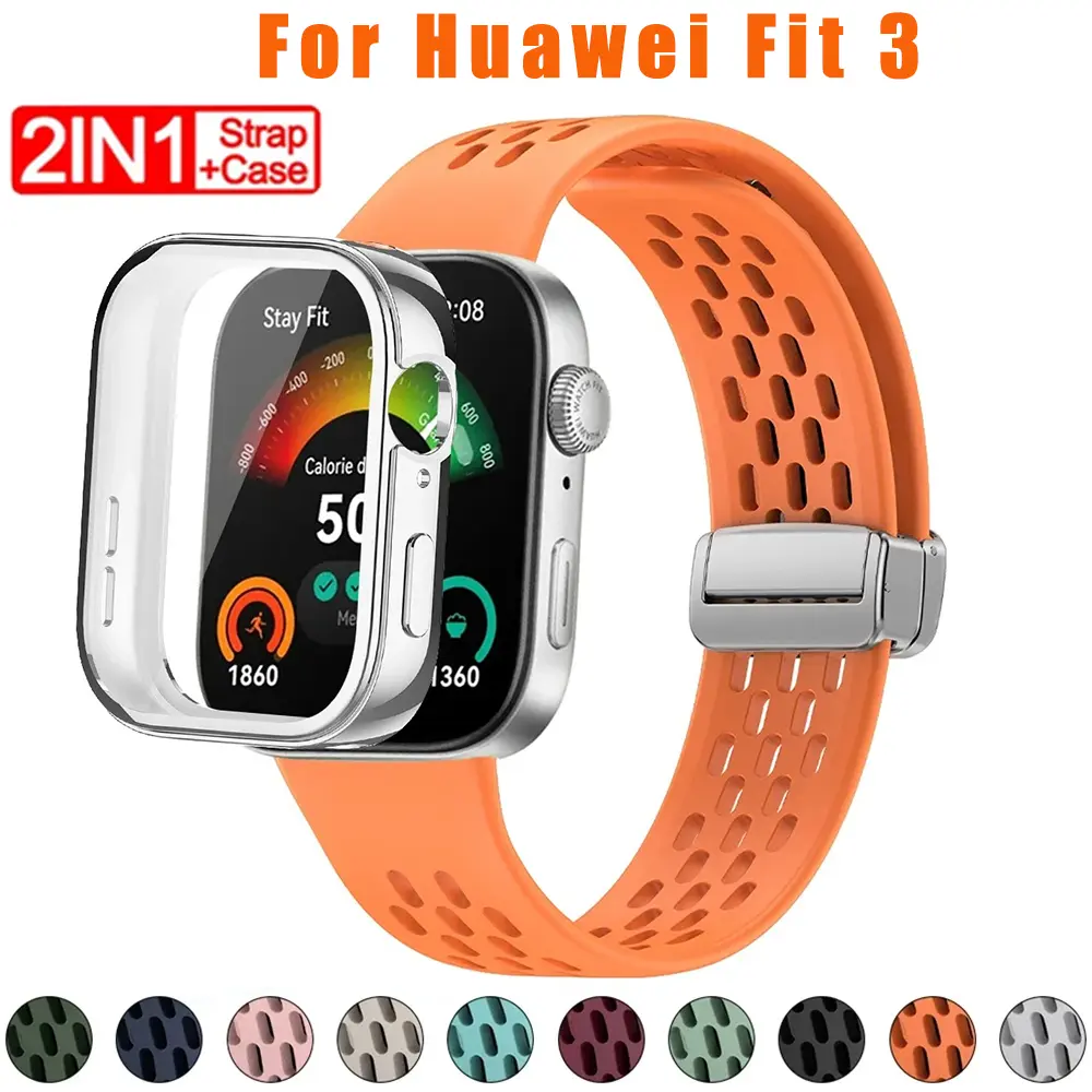 Breathable Strap + TPU Case for Huawei Fit 3 Watch fit3 Silicone Bands Magnetic Buckle Soft Sport Watchband Replacement Bracelet