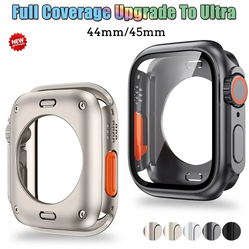 Change To Ultra 360 Full Protector Case for Apple Watch 45mm 44mm Tempered Glass Screen Protector for IWatch Series10 8 7 6 SE 5
