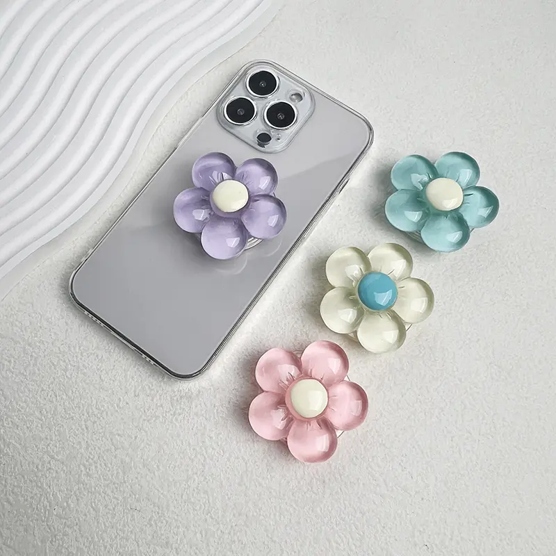1pc Transparent Resin Candy-Colored Flower Phone Holder Foldable Desktop Stand Cute Floral Retractable Grip for Mobile Devices