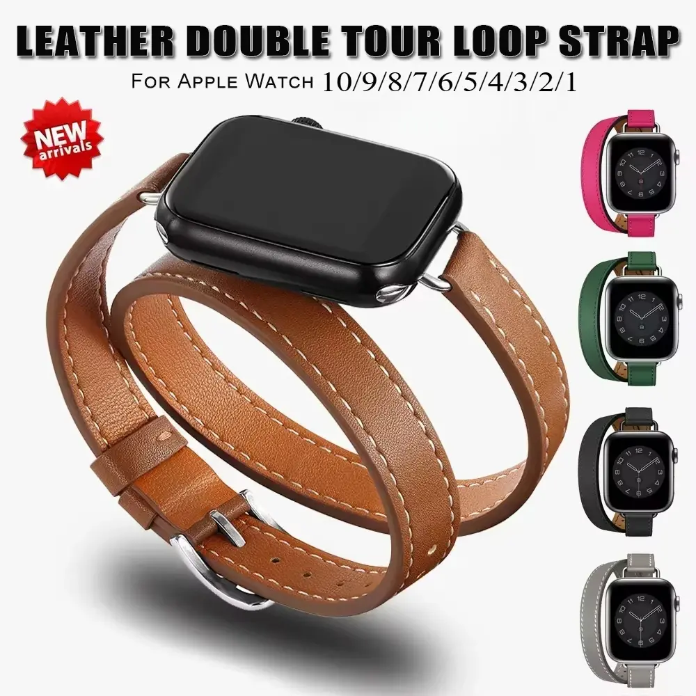 For Apple Watch band 10 42mm 46mm 40mm 41mm Double Tour leather Strap 45mm 44mm Series 10 9 8 7 6 Se 5 4 Ultra 2 Fashion Correa
