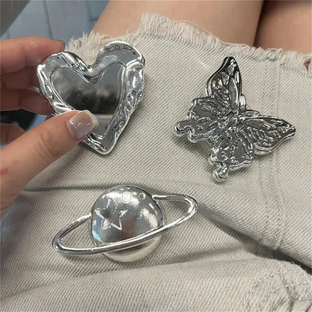 Luxury 3D Silver Planet Love Heart Mirror Metal Bracket Phone Grip Tok Holder For iPhone Accessories Finger Ring Stand Gift