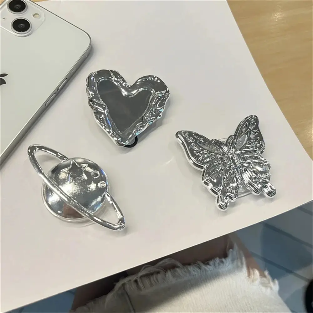 Luxury 3D Silver Planet Love Heart Mirror Metal Bracket Phone Grip Tok Holder For iPhone Accessories Finger Ring Stand Gift