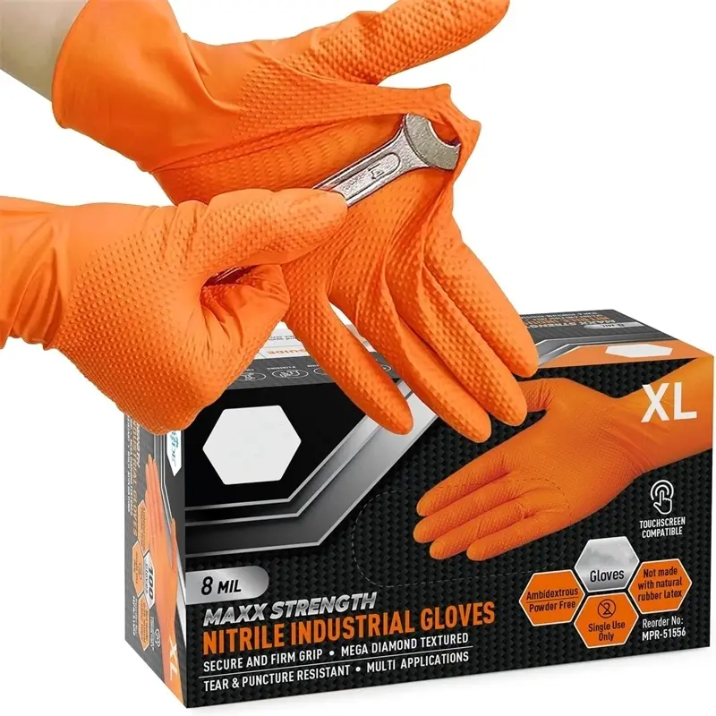 8mil Heavy Duty Orange Disposable Nitrile Gloves with Raised Diamond Texture Latex & Powder Free Mechanic Auto Tattoo Gloves