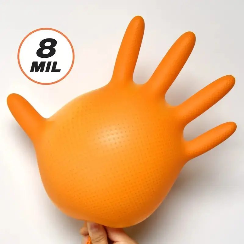 8mil Heavy Duty Orange Disposable Nitrile Gloves with Raised Diamond Texture Latex & Powder Free Mechanic Auto Tattoo Gloves