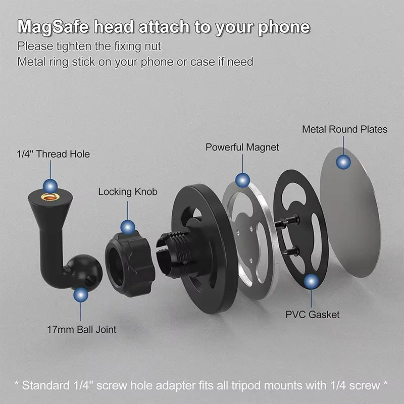 Magnetic Phone Holder for Apple Magsafe to 1/4'' Arri Holes Tripod Mount Adapter for iPhone 16 15 14 13 12 11 Tripod Accessories