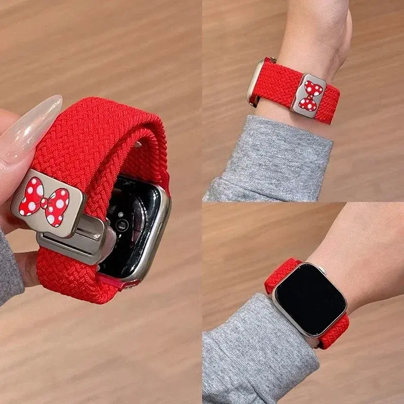 Cartoon Nylon Strap for Apple Watch Band Ultra 2 49/46/45/42/41/40/38mm , Bowknot Magnetic Band for Iwatch 10 9 8 SE 7 6 5 4 3