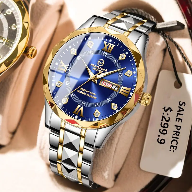 Men Watch Diamond Luxury Luminous Waterproof Double Calendar Quartz Movement Blue Gold Stainless Steel Fashion Business Watches