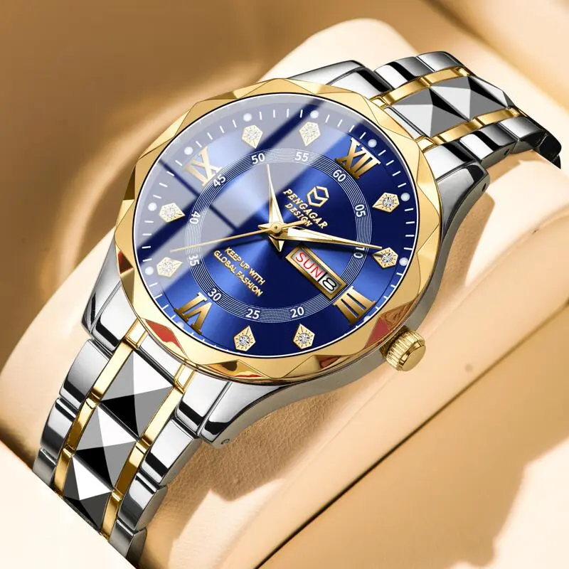 Men Watch Diamond Luxury Luminous Waterproof Double Calendar Quartz Movement Blue Gold Stainless Steel Fashion Business Watches
