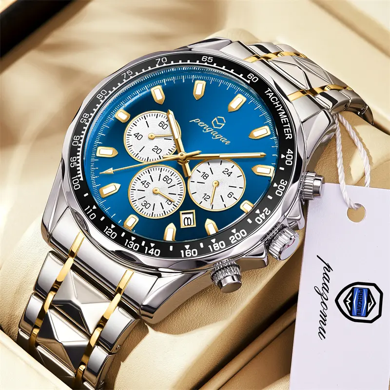 PENGAGAR Luxury Men Watch Chronograph Waterproof Luminous Date Watch For Man Stainless Steel Fashion Sports Men's Quartz Watches