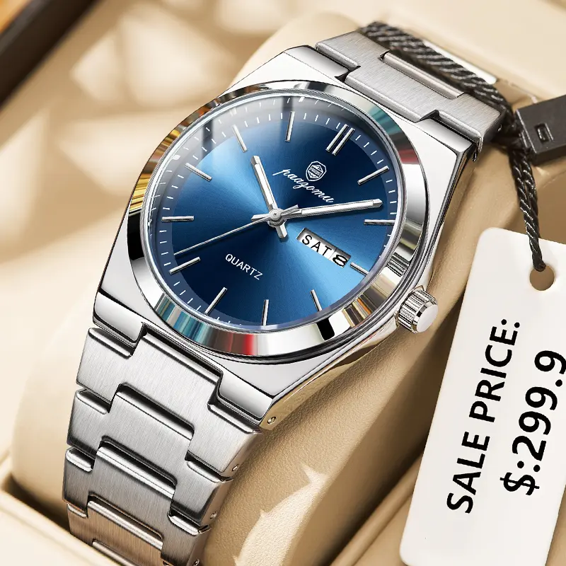 PENGAGAR Luxury Sport Quartz Man Wristwatch Waterproof Luminous Date Week Men Watches Stainless Steel Men's Watch Male Reloj+box