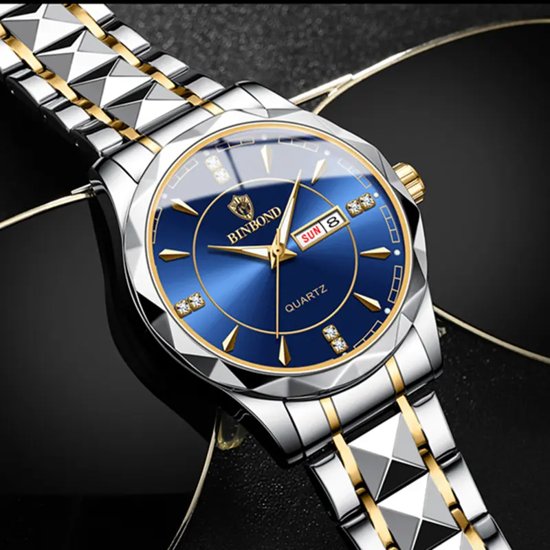 2026 Men Watch Diamond Luxury Night Glow Double Calendar Quartz Movement 41mm Gold Blue Stainless Steel Fashion Business Watch