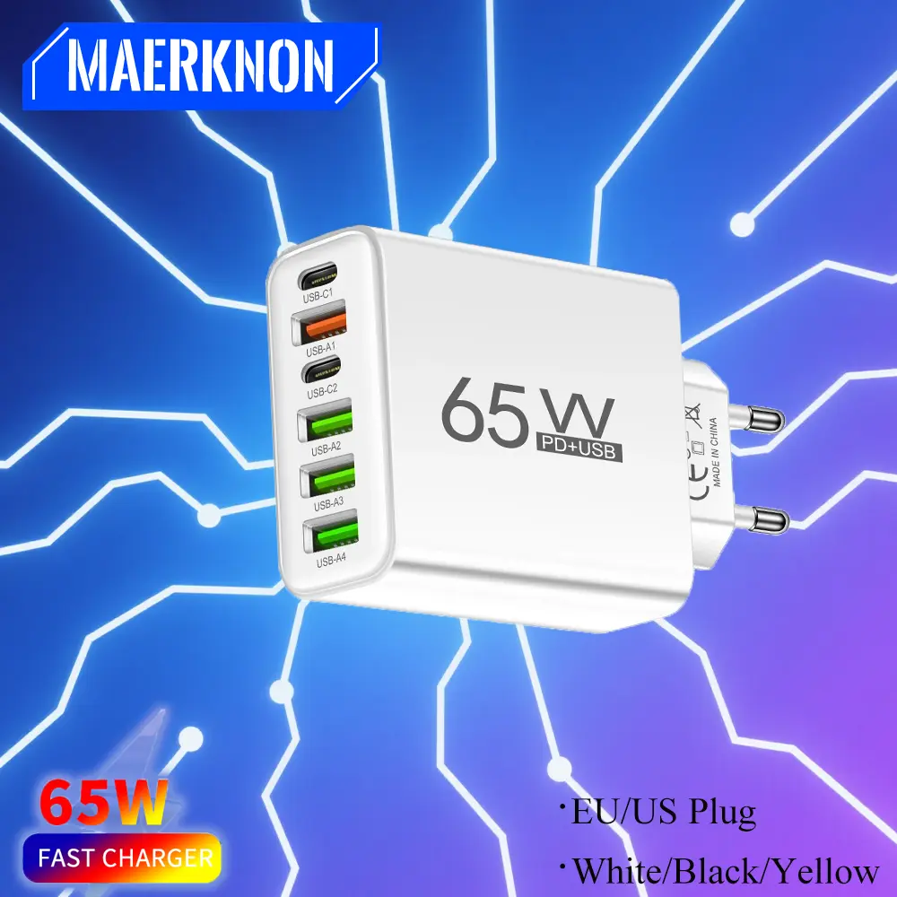 65W 6-port PD+USB Charger EU/US Plug Smartphone Fast Charging Wall Charger Mobile Phone Accessories For iPhone Samsung Xiaomi 15