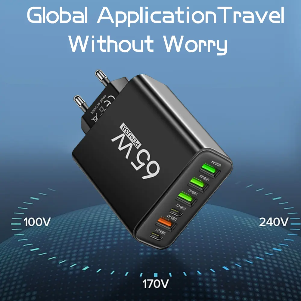 65W 6-port PD+USB Charger EU/US Plug Smartphone Fast Charging Wall Charger Mobile Phone Accessories For iPhone Samsung Xiaomi 15