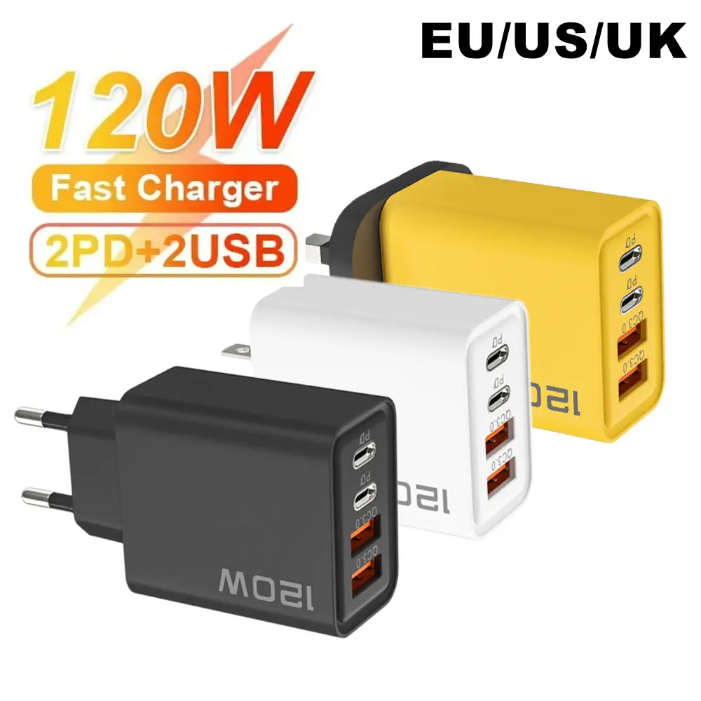 120W Fast Charging 4 Ports USB C PD Charger Quick Charge 3.0 USB Type C Mobile Phone Adapter for iPhone 16 15 14 Samsung Xiaomi