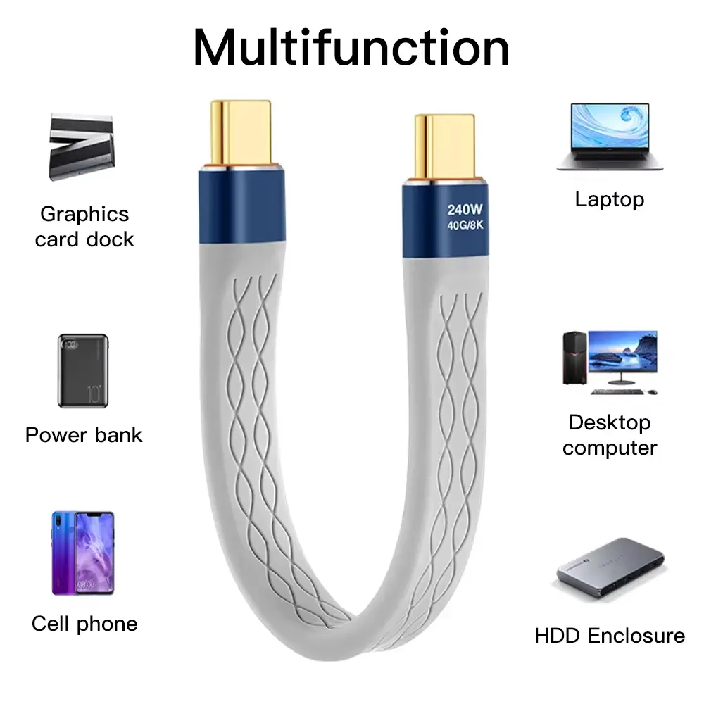 Type-C to Type-C 240W Short Cable Fast Charging USB-C Cord 40Gbps Data Transfer 8K Flat Slim FPC Data Charge Extension Cable ﻿