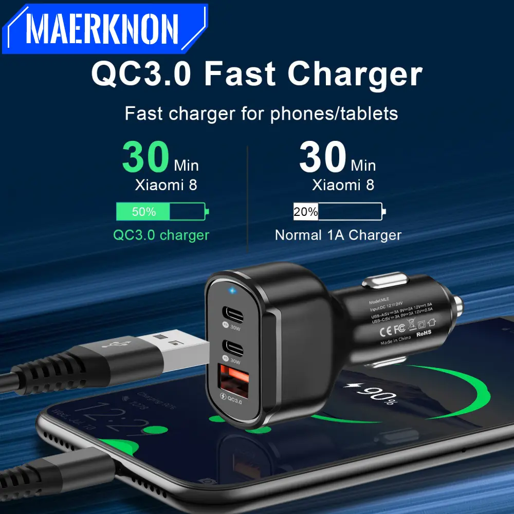 USB 30W Fast Charging Phone Type C Car Charger Quick Charge 3.0  Adapter for iPhone 13 12 11 Pro Max Redmi Huawei Samsung S21 S2