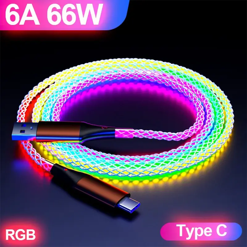 66W 6A Fast Charging Data Cable RGB Light USB Type C Micro Data Cord For iPhone 14 Pro Max Xiaomi Redmi 13 Oneplus 12 POCO X6