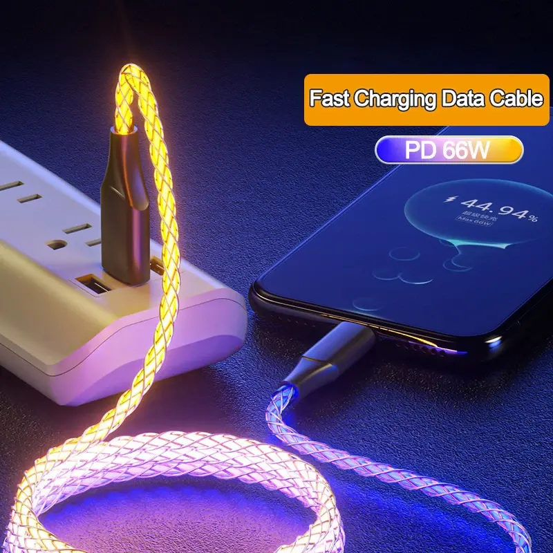 66W 6A Fast Charging Data Cable RGB Light USB Type C Micro Data Cord For iPhone 14 Pro Max Xiaomi Redmi 13 Oneplus 12 POCO X6
