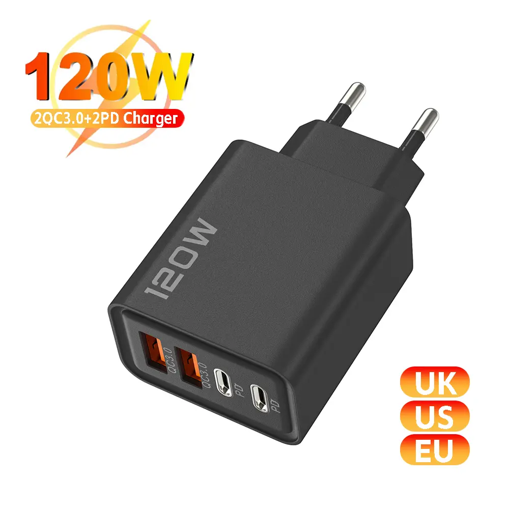 Total 120W 4 Ports USB Charger Fast Charging Type C Wall Charger Mobile Phone Charger EU/US/UK Plug Adapter For iPhone Samsung