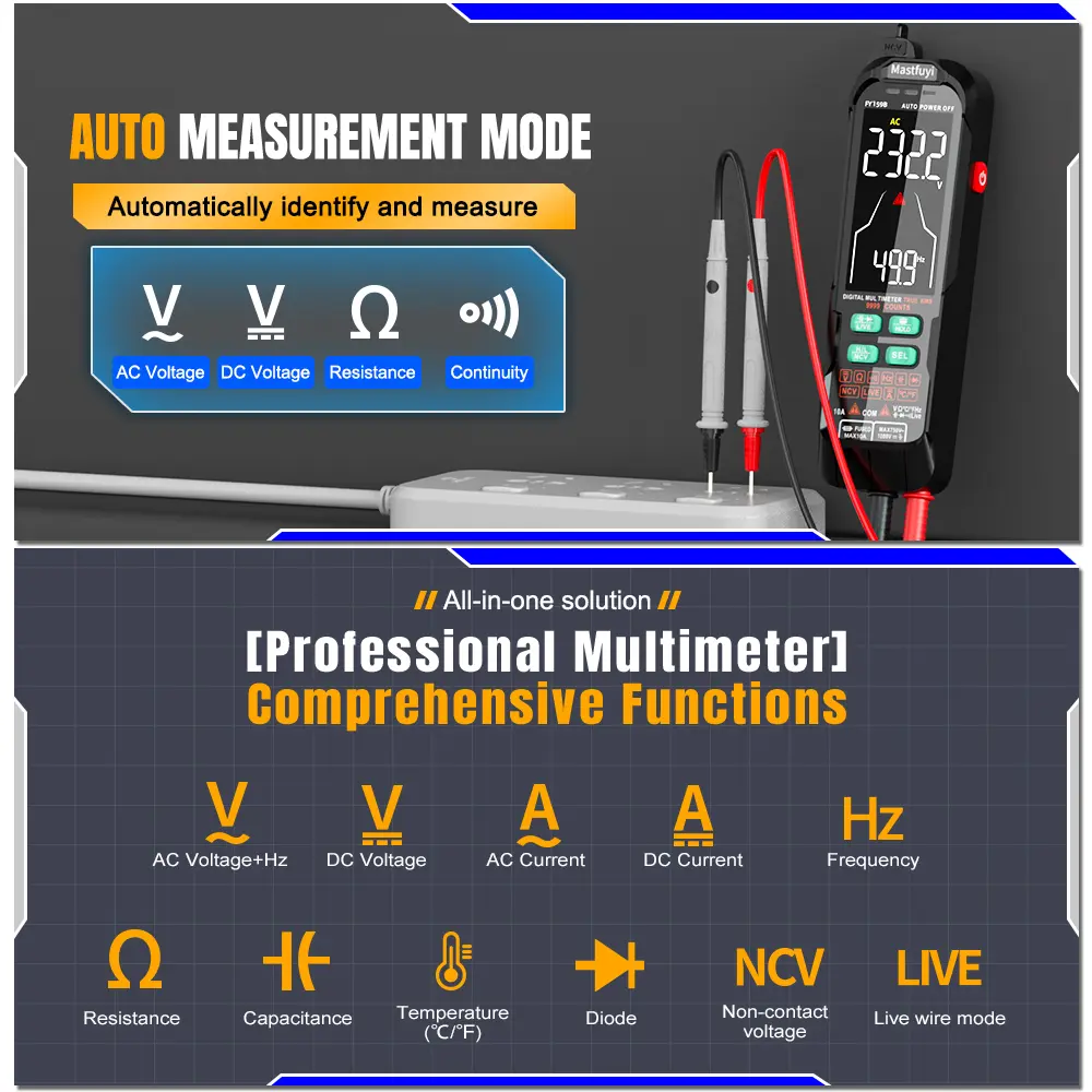 MASTFUYI Digital Multimeter 9999 Counts True RMS 10A 1000V AC/DC Current Voltage Capacitance Resistance Auto-Ranging Tester Tool