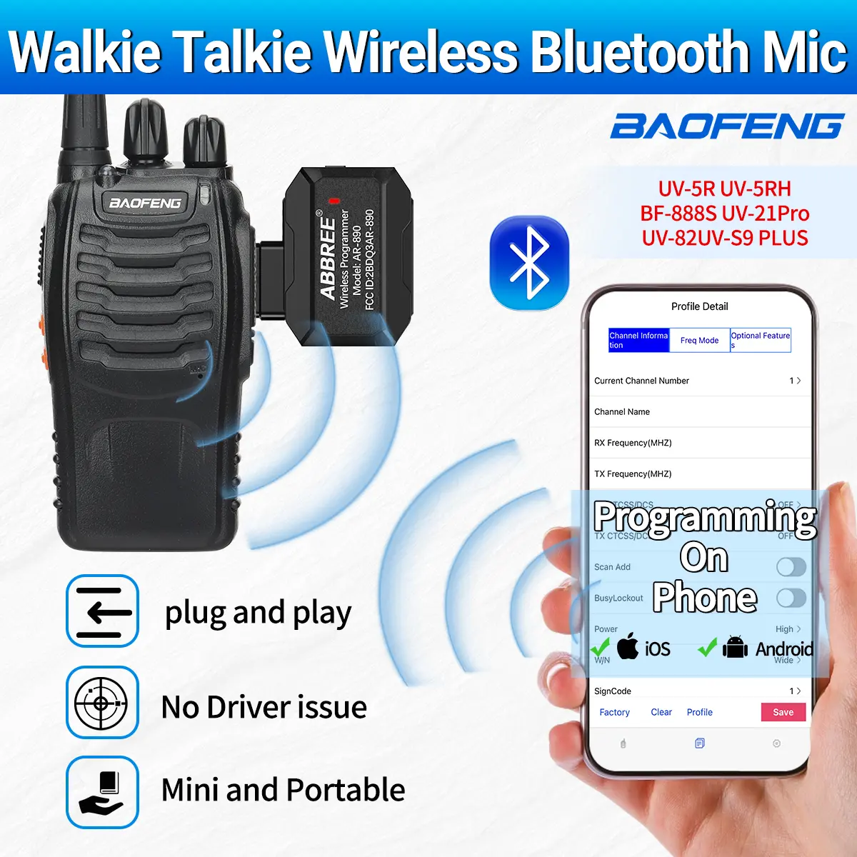 ABBREE Bluetooth Wireless Programmer Phone APP Programming for Baofeng Walkie Talkie UV-5R BF-888S UV-21 PRO V2 Quansheng UV-K5