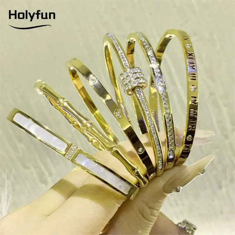 Classic Bracelet Design Gold Color Waterproof Stainless Steel Luxury Brand Sparkling Zircon Bangles for Women Gift Jewelry