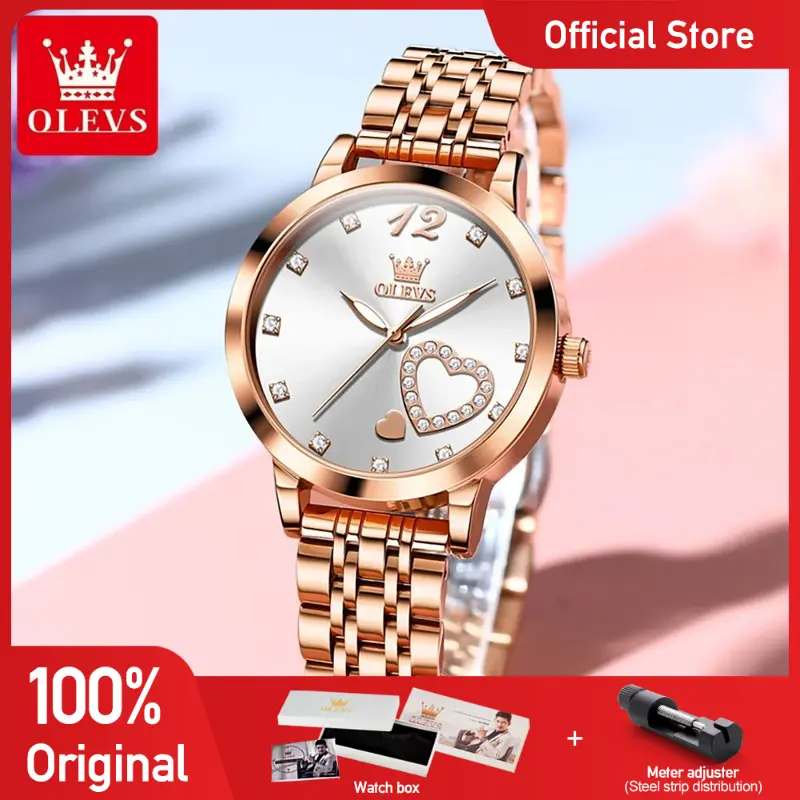 OLEVS 5189 Women Watch Luxury Stainless Steel Quartz Wristwatch Waterproof Luminous Ladies Watch Bracelet Set Gifts Heart Dial