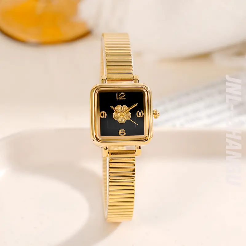 ZHANGU Exquisite Artistic Camellia Square Net Red French Retro Bamboo Joint with Waterproof Quartz Women's Watch