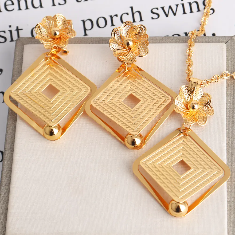 African Gold Color Women Necklace and Earrings Trend Dubai Flower Hollow Out Jewelry Set Gift For Party Wedding Daily Accessorie