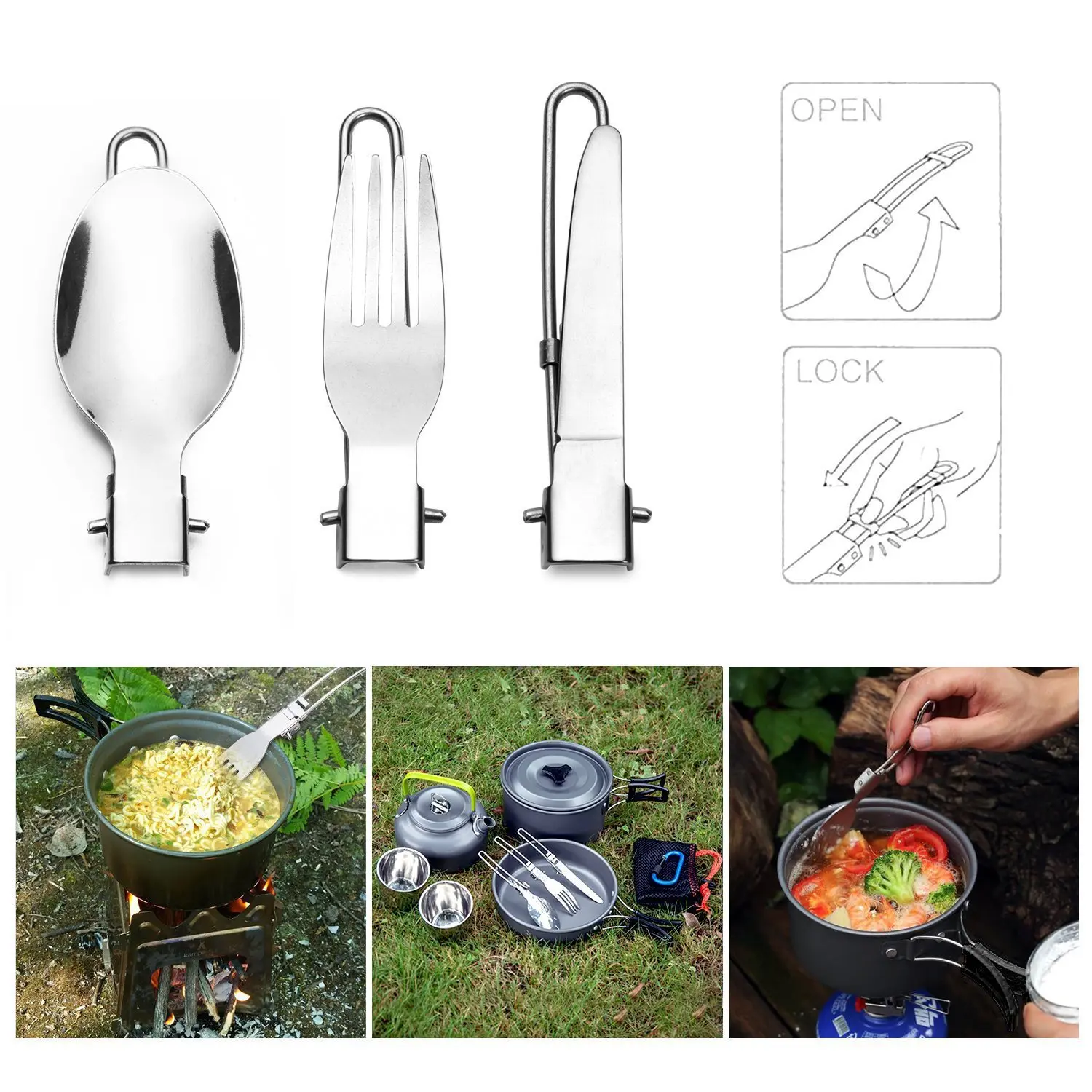 3 pcs 1 set Portable Outdoor Camping Travel Picnic Foldable Stainless Steel Spoon Fork Knife Tableware Cutlery Set